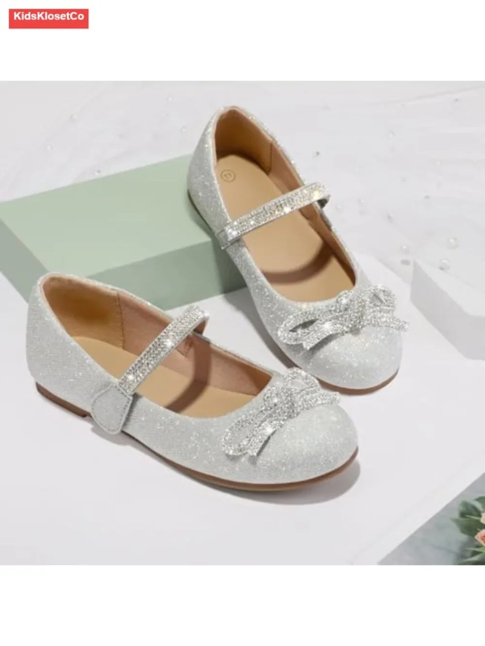 Girls Rhinestone Ballet Flat with Bow - Party Wedding Dress Shoes